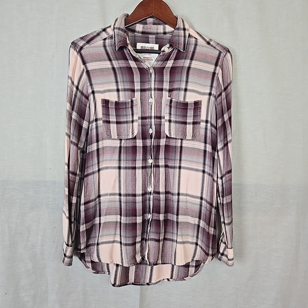 Mossimo Supply Co Flannel Boyfriend Fit Shirt Plaid Burgundy Pink Size S